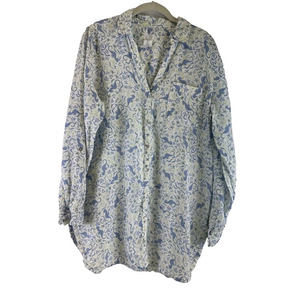 Sigrid Olsen Tops - Sigrid Olsen Linen Tunic Shirt Button Down White Blue Seahorse Roll Tab Sleeves